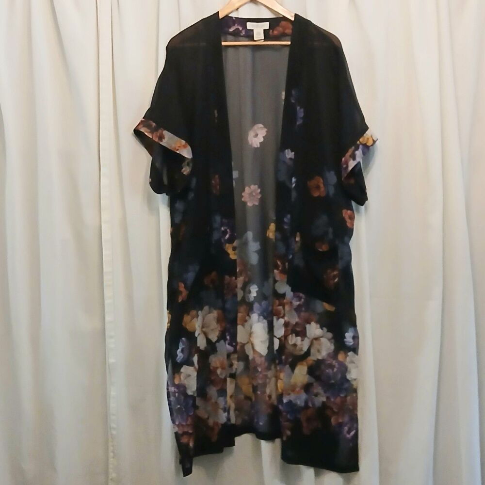 Rachel Zoe Open Kimono One Size Black Floral Sheer Short Sleeve Pockets